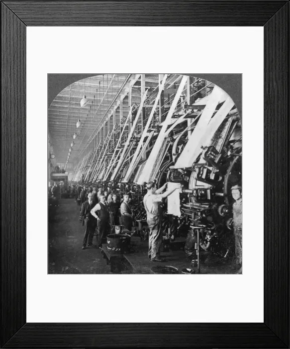 Framed Print : General view of a large printing room in a cotton mill, Lawrence, Massachusetts, USA, 20th century. Artist: Keystone View Company Framed Print : General view of a large printing room in a cotton mill, Lawrence, Massachusetts, USA, 20th century. Artist: Keystone View Company