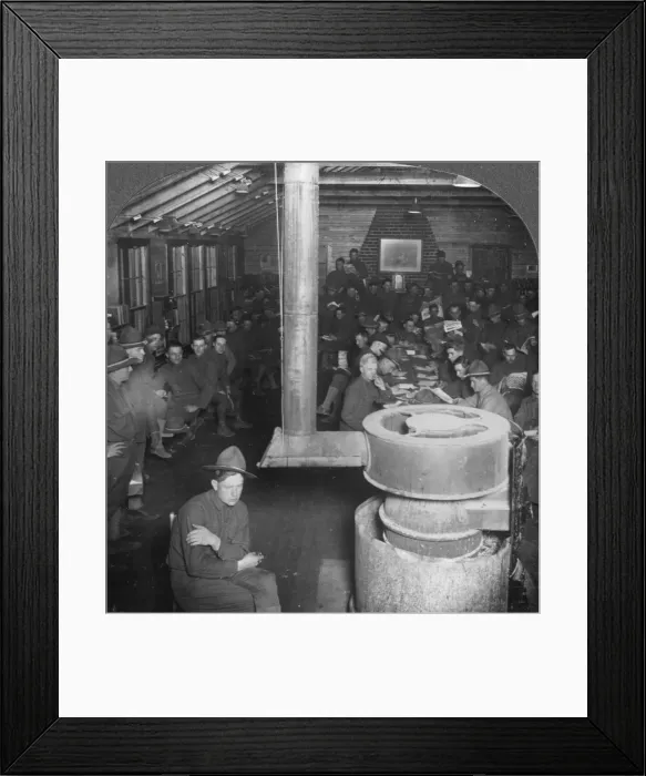 Framed Print : Social room of a YMCA army camp hut, early 20th century. Artist: Keystone View Company Framed Print : Social room of a YMCA army camp hut, early 20th century. Artist: Keystone View Company