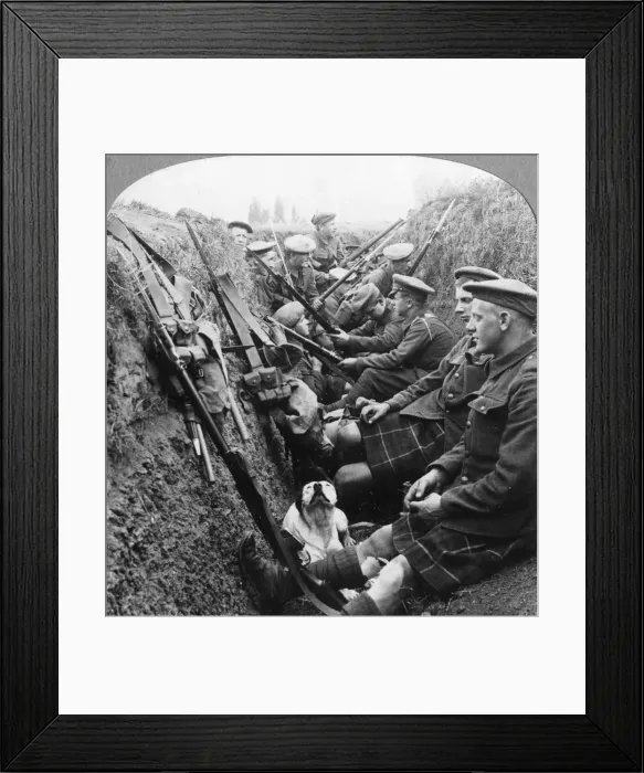 Framed Print : A section of Seaforth Highlanders snatching a moments respite, World War I, c1914-c1918. Artist: Realistic Travels Publishers Framed Print : A section of Seaforth Highlanders snatching a moments respite, World War I, c1914-c1918. Artist: Realistic Travels Publishers