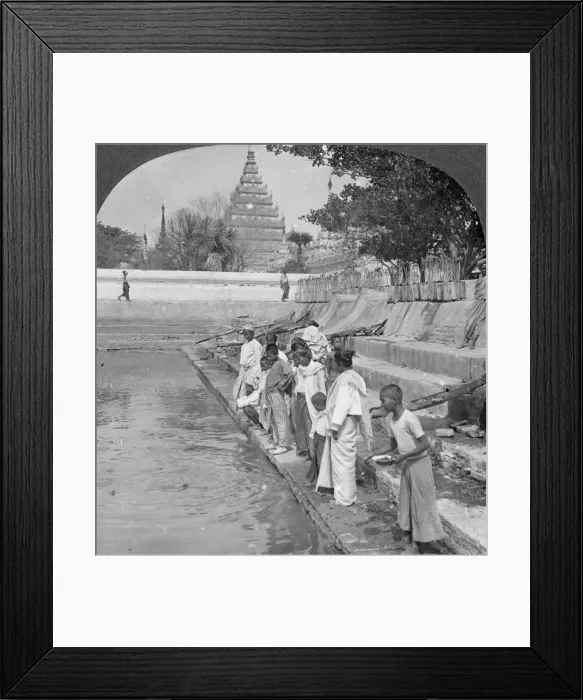 Framed Print : Pilgrims feeding holy turtles, Arakan Pagoda, Mandalay, Burma, 1908. Artist: Stereo Travel Co Framed Print : Pilgrims feeding holy turtles, Arakan Pagoda, Mandalay, Burma, 1908. Artist: Stereo Travel Co