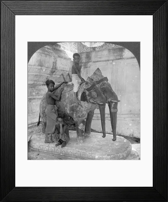 Framed Print : Three headed elephant guarding a sanctuary, Arakan Pagoda, Mandalay, Burma, 1908. Artist: Stereo Travel Co Framed Print : Three headed elephant guarding a sanctuary, Arakan Pagoda, Mandalay, Burma, 1908. Artist: Stereo Travel Co