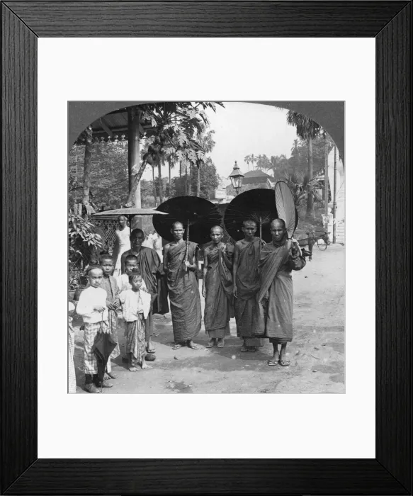 Framed Print : Buddhist monks with sunshades and fans, Rangoon, Burma, 1908. Artist: Stereo Travel Co Framed Print : Buddhist monks with sunshades and fans, Rangoon, Burma, 1908. Artist: Stereo Travel Co