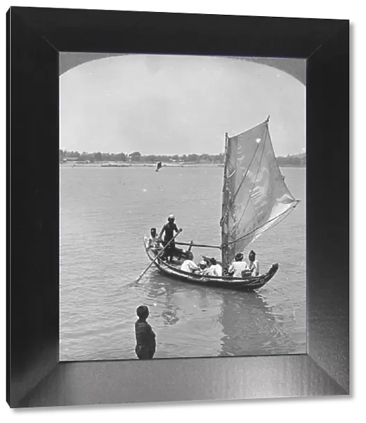 A sailing boat on the Irawaddy River, Burma, 1908. Artist: Stereo Travel Co