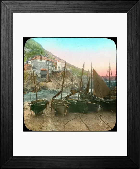 Framed Print : Fishing fleet at low tide, Polperro, Cornwall, late 19th or early 20th century. Artist: Church Army Lantern Department Framed Print : Fishing fleet at low tide, Polperro, Cornwall, late 19th or early 20th century. Artist: Church Army Lantern Department
