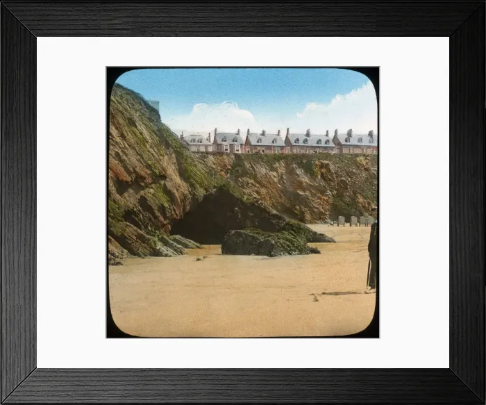 Framed Print : Beach and cliffs, Newquay, Cornwall, late 19th or early 20th century. Artist: Church Army Lantern Department Framed Print : Beach and cliffs, Newquay, Cornwall, late 19th or early 20th century. Artist: Church Army Lantern Department