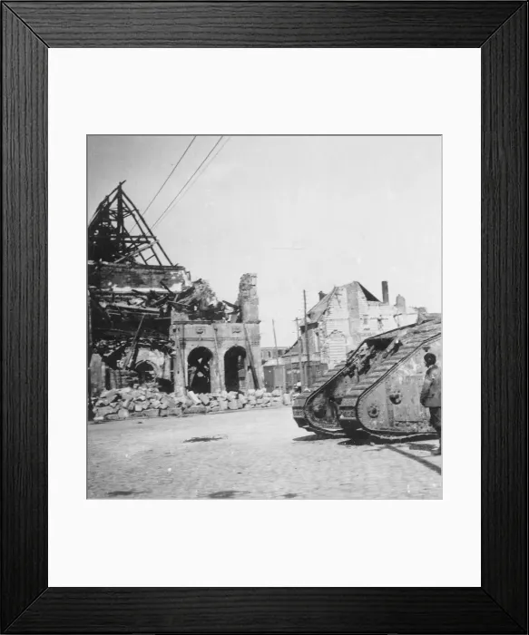 Framed Print : British tank in front of ruined buildings, Peronne, France, World War I, c1916-c1918. Artist: Nightingale & Co Framed Print : British tank in front of ruined buildings, Peronne, France, World War I, c1916-c1918. Artist: Nightingale & Co