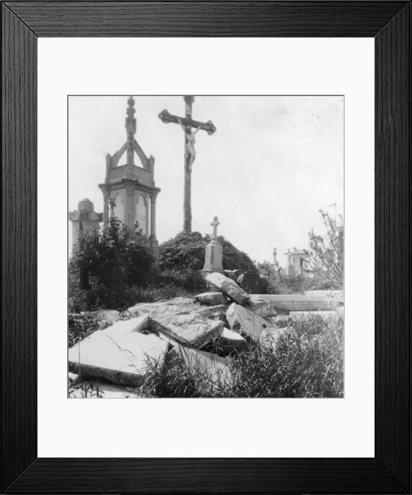 Framed Print : Damaged graves, old communal cemetery, Ypres, Belgium, World War I, c1914-c1918. Artist: Nightingale & Co Framed Print : Damaged graves, old communal cemetery, Ypres, Belgium, World War I, c1914-c1918. Artist: Nightingale & Co