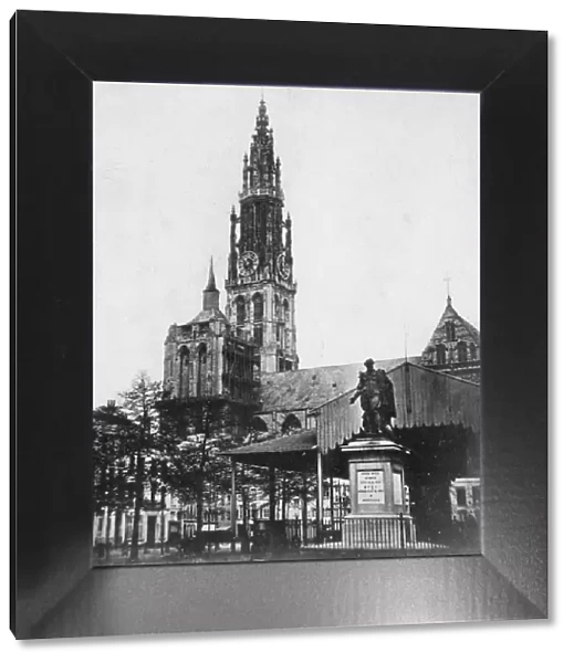 Antwerp Cathedral and statue of the artist Peter Paul Rubens, Belgium, 1867