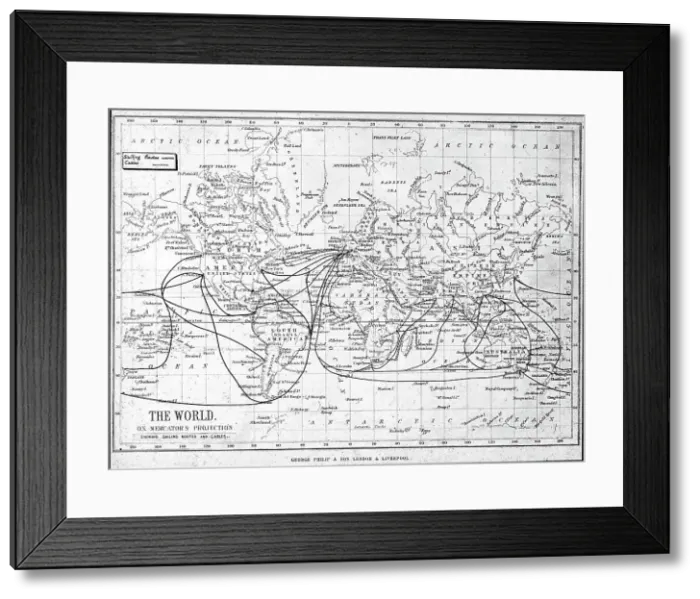 Framed Print : Map of the world showing sailing routes and telegraph cables, c1893. Artist: George Philip & Son Ltd Framed Print : Map of the world showing sailing routes and telegraph cables, c1893. Artist: George Philip & Son Ltd