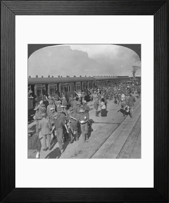 Framed Print : Soldiers of the Wiltshire Rifles boarding a train, Cape Town, South Africa, World War I, c1915. Artist: Realistic Travels Publishers Framed Print : Soldiers of the Wiltshire Rifles boarding a train, Cape Town, South Africa, World War I, c1915. Artist: Realistic Travels Publishers