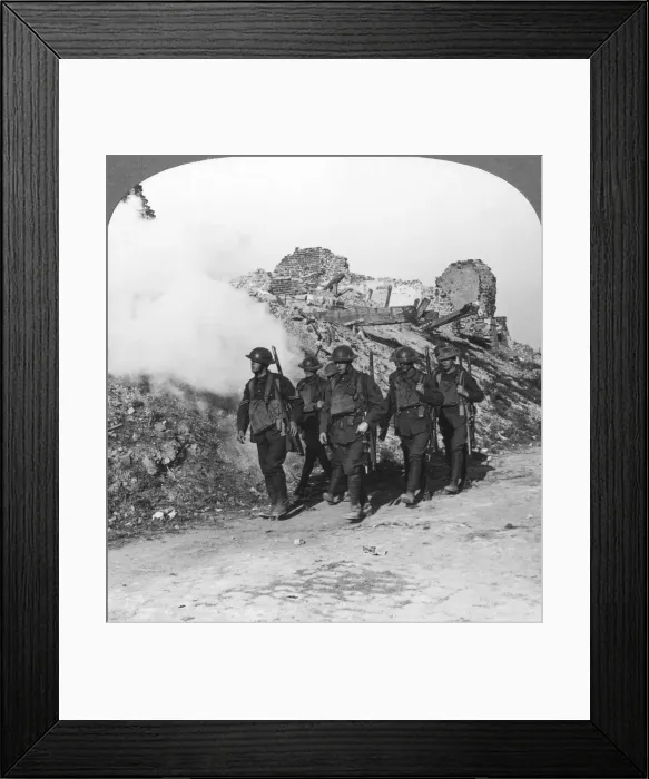 Framed Print : Troops passing the ruins of Monchy on the way up the line, France, World War I, c1914-c1918. Artist: Realistic Travels Publishers Framed Print : Troops passing the ruins of Monchy on the way up the line, France, World War I, c1914-c1918. Artist: Realistic Travels Publishers