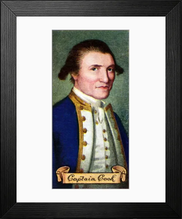 Framed Print : Captain James Cook, taken from a series of cigarette cards, 1935 Framed Print : Captain James Cook, taken from a series of cigarette cards, 1935