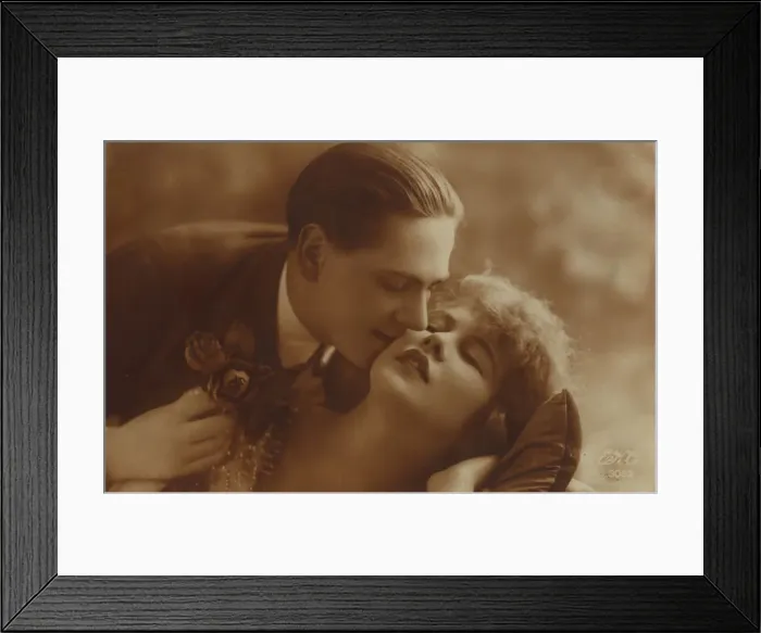 Framed Print : Postcard of romantic vintage couple, in sepia Framed Print : Postcard of romantic vintage couple, in sepia