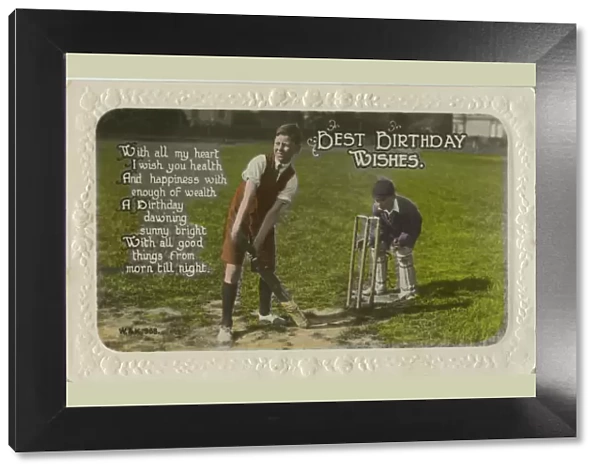 Birthday card featuring two boys playing cricket