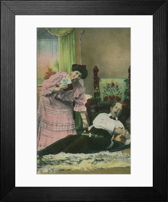 Framed Print : A postcard of a wife taking her drunk husbands money Framed Print : A postcard of a wife taking her drunk husbands money