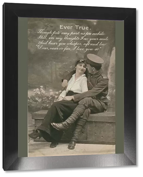 Romantic postcard featuring a soldier and his sweetheart, c1914-18
