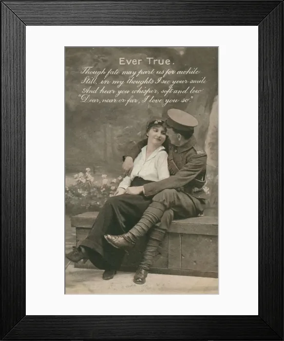 Framed Print : Romantic postcard featuring a soldier and his sweetheart, c1914-18 Framed Print : Romantic postcard featuring a soldier and his sweetheart, c1914-18