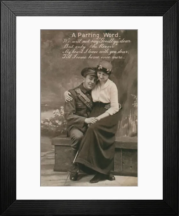 Framed Print : A Parting Word, romantic postcard featuring a soldier and his sweetheart Framed Print : A Parting Word, romantic postcard featuring a soldier and his sweetheart