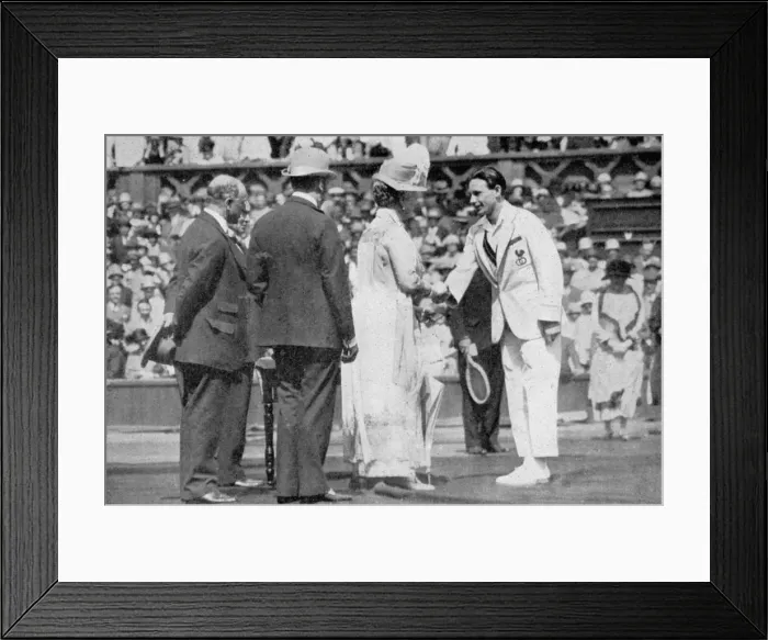 Framed Print : Jean Borotra receives his medal from Queen Mary on centre court, 1926. Artist: London News Agency Framed Print : Jean Borotra receives his medal from Queen Mary on centre court, 1926. Artist: London News Agency