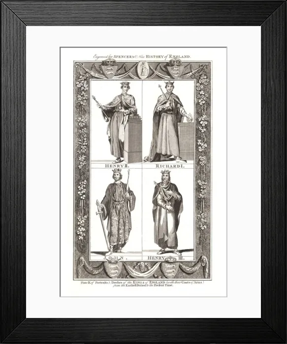 Framed Print : Portraits and Dresses of The Kings of England with coats of Arms, 1784 Framed Print : Portraits and Dresses of The Kings of England with coats of Arms, 1784