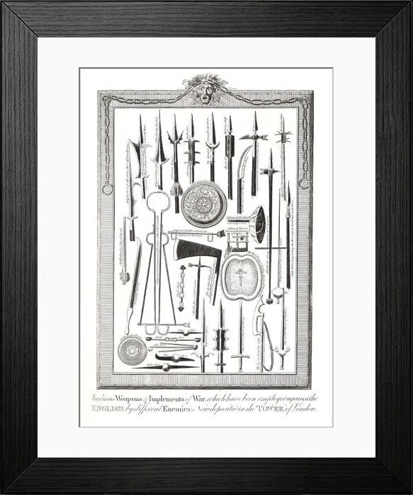 Framed Print : Weapons and Implements of War used against the English by various enemies Framed Print : Weapons and Implements of War used against the English by various enemies