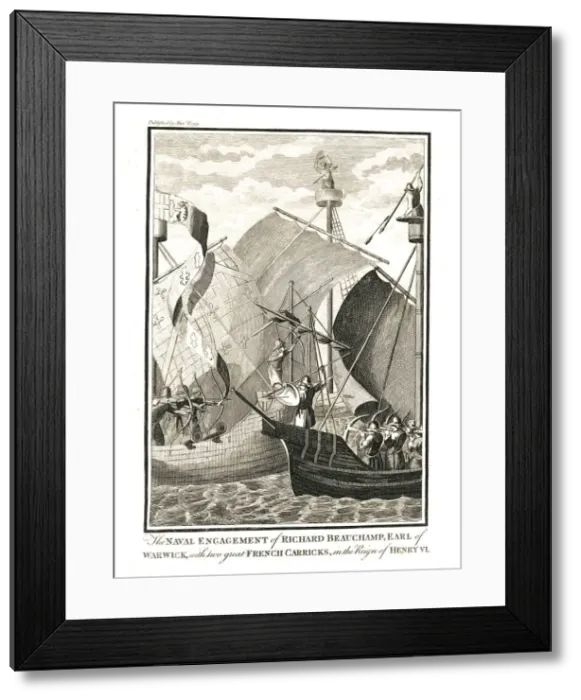 Framed Print : Naval Engagement against two great French Carricks by Richard Beauchamp Earl of Warwick in the reign Framed Print : Naval Engagement against two great French Carricks by Richard Beauchamp Earl of Warwick in the reign