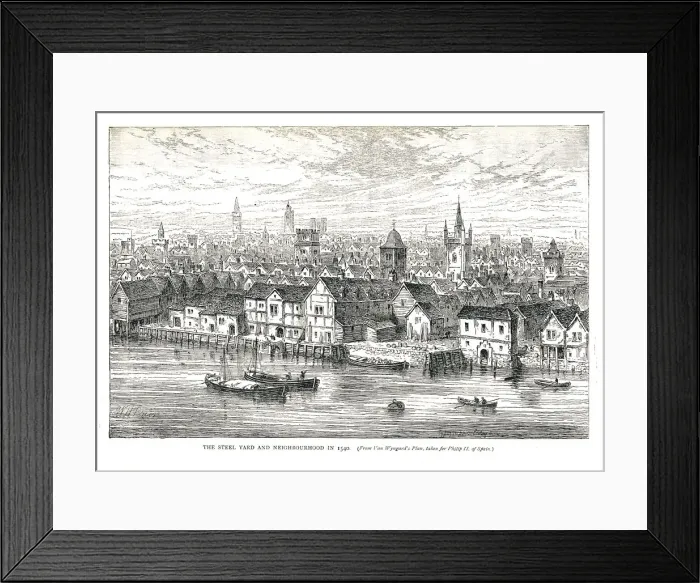 Framed Print : The Steel Yard (Iron Wharf) and Neighbourhood in 1540. On the riverside, 1878 Artist: Walter Thornbury Framed Print : The Steel Yard (Iron Wharf) and Neighbourhood in 1540. On the riverside, 1878 Artist: Walter Thornbury