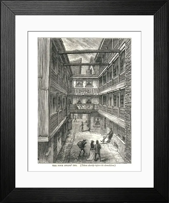 Framed Print : The Four Swans Inn shortly before demolition, 1878. Artist: Walter Thornbury Framed Print : The Four Swans Inn shortly before demolition, 1878. Artist: Walter Thornbury