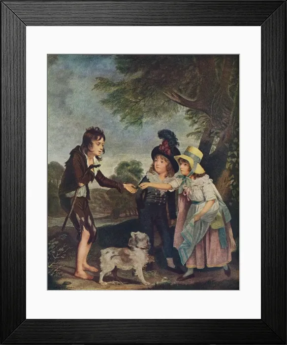 Framed Print : Portrait of Sir Francis Ford?s Children Giving a Coin to a Beggar Boy. Exhibited 1793 (1906). Artist: Charles Wilkinson Framed Print : Portrait of Sir Francis Ford?s Children Giving a Coin to a Beggar Boy. Exhibited 1793 (1906). Artist: Charles Wilkinson