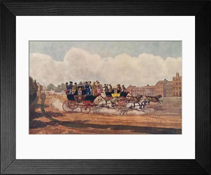 Framed Print : The Oxford and Opposition Coaches, 1906 Artist: W Flavell Framed Print : The Oxford and Opposition Coaches, 1906 Artist: W Flavell