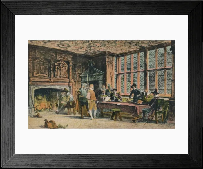 Framed Print : Oliver Cromwell trying a prisoner during the defence of Banbury. The Globe Room of Ye Olde Reine Dee Framed Print : Oliver Cromwell trying a prisoner during the defence of Banbury. The Globe Room of Ye Olde Reine Dee