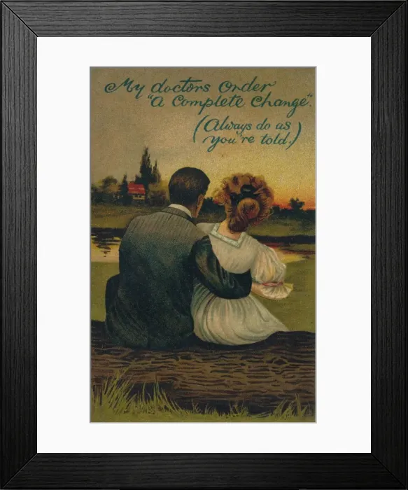 Framed Print : A humorous postcard depicting a courting couple, 1908 Framed Print : A humorous postcard depicting a courting couple, 1908