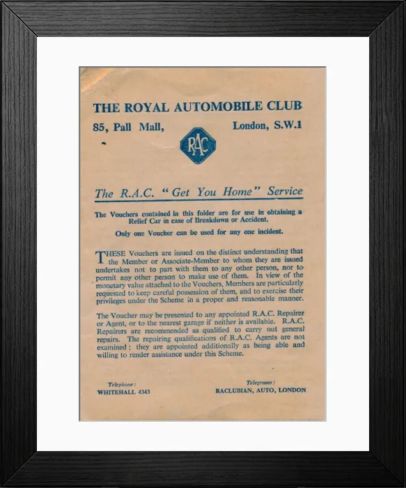 Framed Print : The Royal Automobile Club vouchers, 1952 Framed Print : The Royal Automobile Club vouchers, 1952