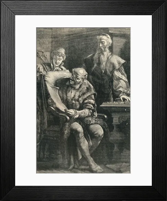 Framed Print : John Gutenberg Showing Part of the First Printed Book to Faust, (14th century), c1910 Framed Print : John Gutenberg Showing Part of the First Printed Book to Faust, (14th century), c1910