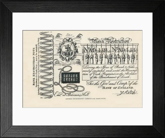 Framed Print : A satirical banknote: crime, punishment and protest, 1819 (1894). Artist: George Cruikshank Framed Print : A satirical banknote: crime, punishment and protest, 1819 (1894). Artist: George Cruikshank