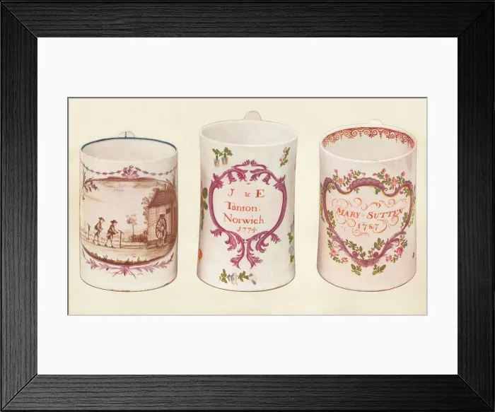 Framed Print : Three Lowestoft Mugs, (18th century), 1937 Framed Print : Three Lowestoft Mugs, (18th century), 1937