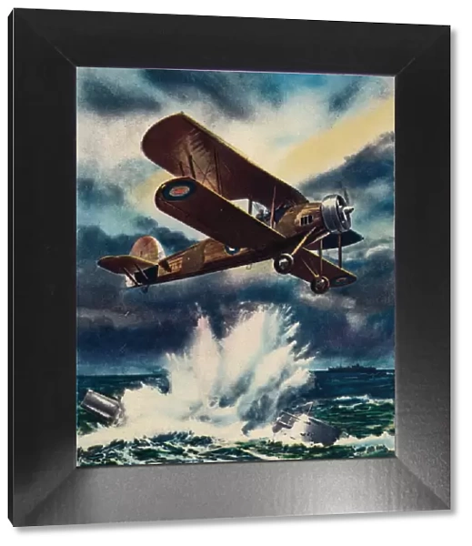 An artists impression of a Fairey Swordfish sinking a U Boat in the North Sea, 1940