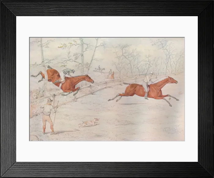 Framed Print : A Steeplechase: Covering a strong bullock fence. Down for a hundred!, 1927. Artist: Henry Thomas Alken Framed Print : A Steeplechase: Covering a strong bullock fence. Down for a hundred!, 1927. Artist: Henry Thomas Alken