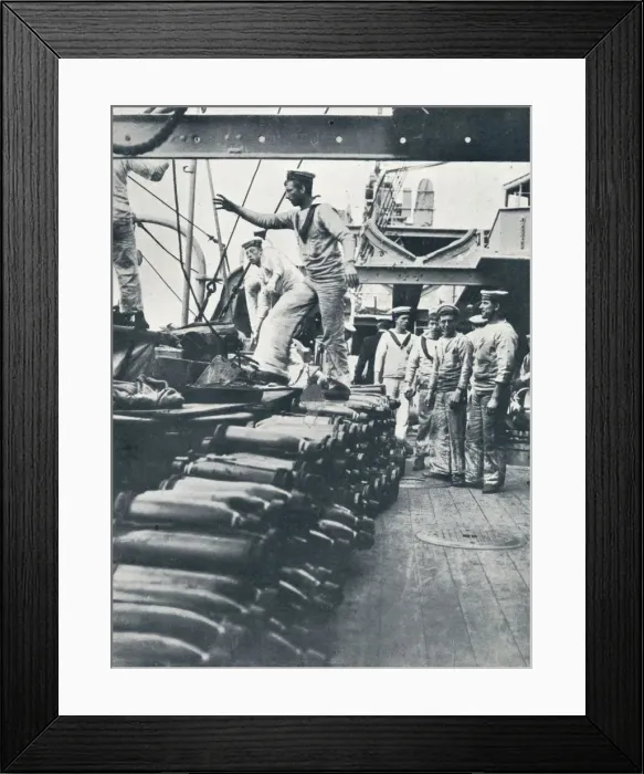 Framed Print : Receiving shells for the naval guns on the deck of a battleship, c1914 Framed Print : Receiving shells for the naval guns on the deck of a battleship, c1914