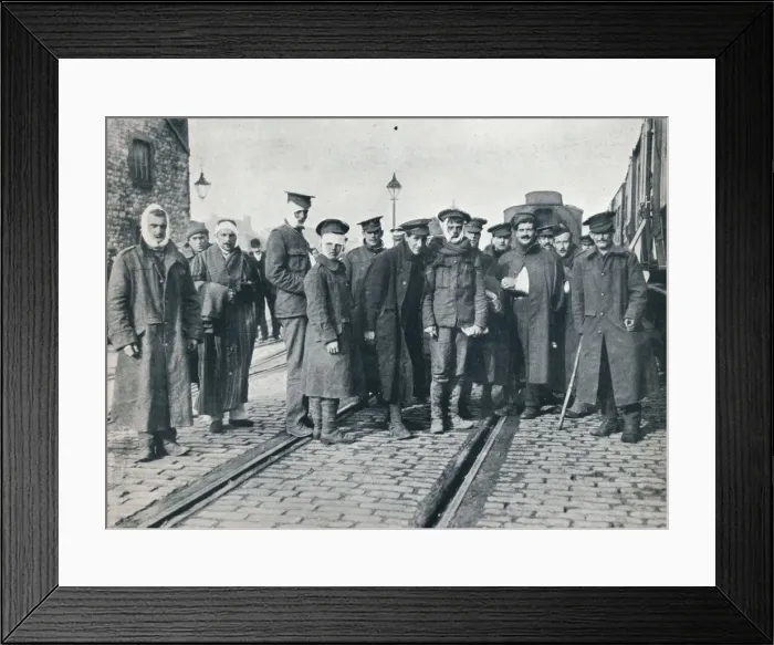 Framed Print : A batch of Neuve Chapelle wounded on a French railway station, 1915 Framed Print : A batch of Neuve Chapelle wounded on a French railway station, 1915