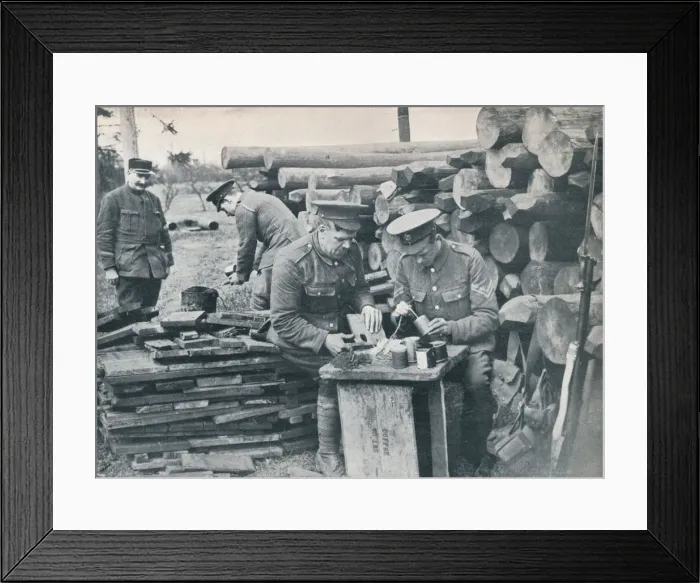 Framed Print : British engineers with the Expeditionary Force making hand grenades out of tobacco tins, c1914 Framed Print : British engineers with the Expeditionary Force making hand grenades out of tobacco tins, c1914