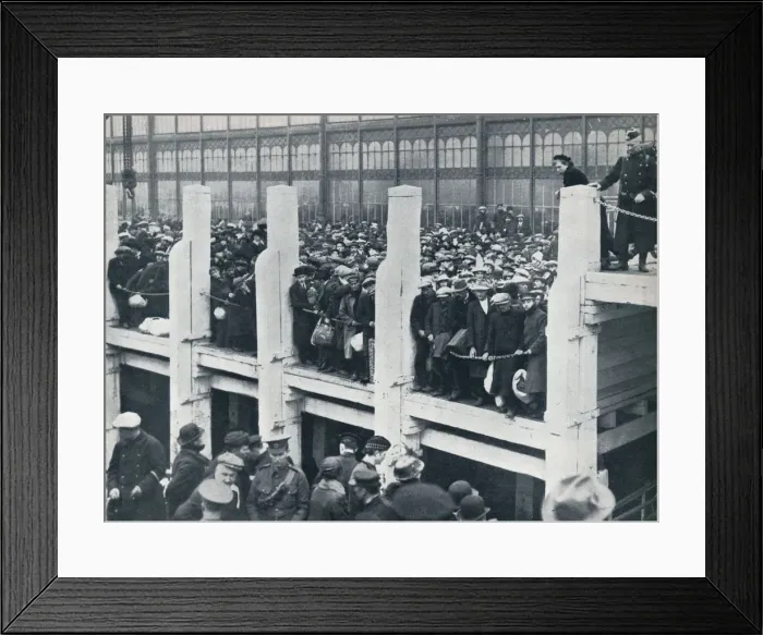 Framed Print : Belgian refugees on the harbour at Ostend waiting for a boat to take them to England, 1914 Framed Print : Belgian refugees on the harbour at Ostend waiting for a boat to take them to England, 1914