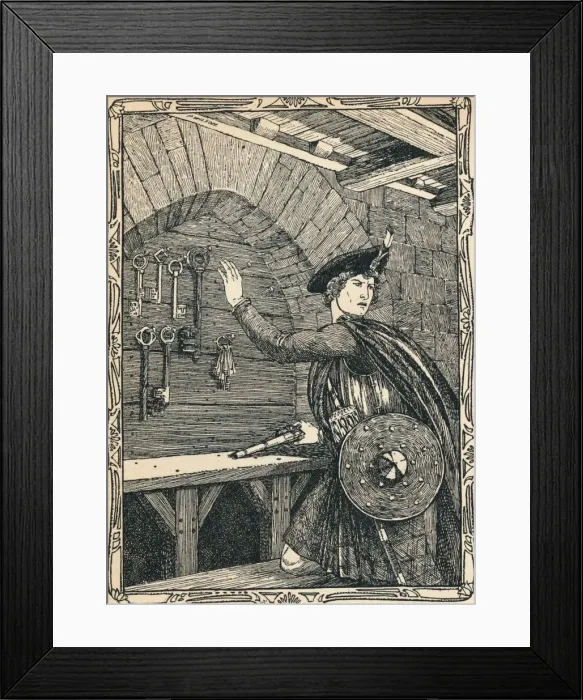 Framed Print : Young Douglas Steals The Keys of Loch Leven Castle, 1902. Artist: Patten Wilson Framed Print : Young Douglas Steals The Keys of Loch Leven Castle, 1902. Artist: Patten Wilson