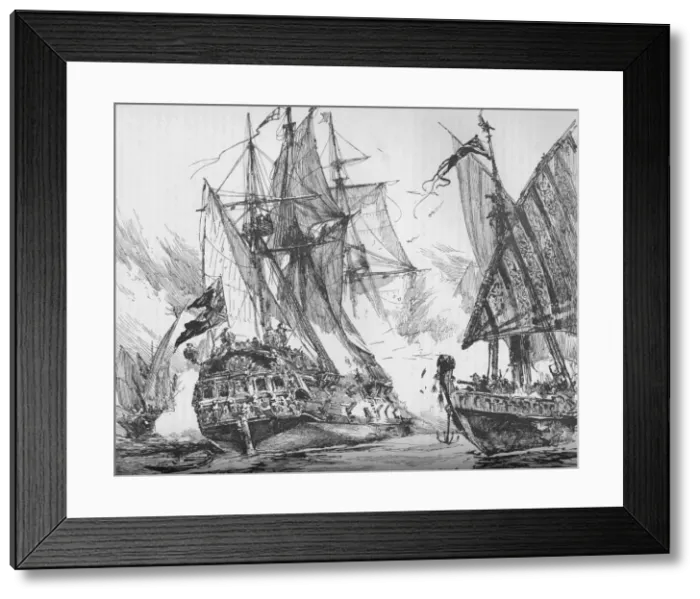 Framed Print : Captain Keigwin in the Revenge, beating off Sevagees Fleet, 1884 Framed Print : Captain Keigwin in the Revenge, beating off Sevagees Fleet, 1884