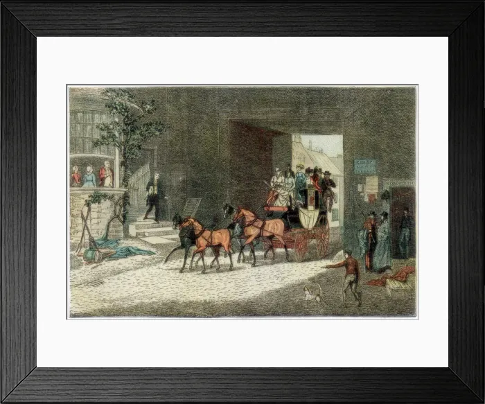 Framed Print : Coach arriving in the yard of an inn, 1890 Framed Print : Coach arriving in the yard of an inn, 1890