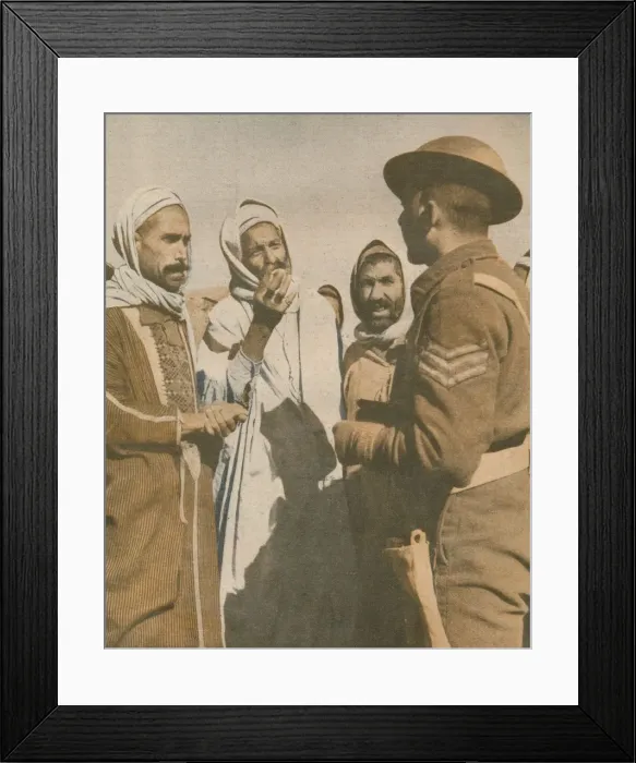 Framed Print : Tunisian Arabs Welcome a British Sergeant at Chaouach, 1943 Framed Print : Tunisian Arabs Welcome a British Sergeant at Chaouach, 1943