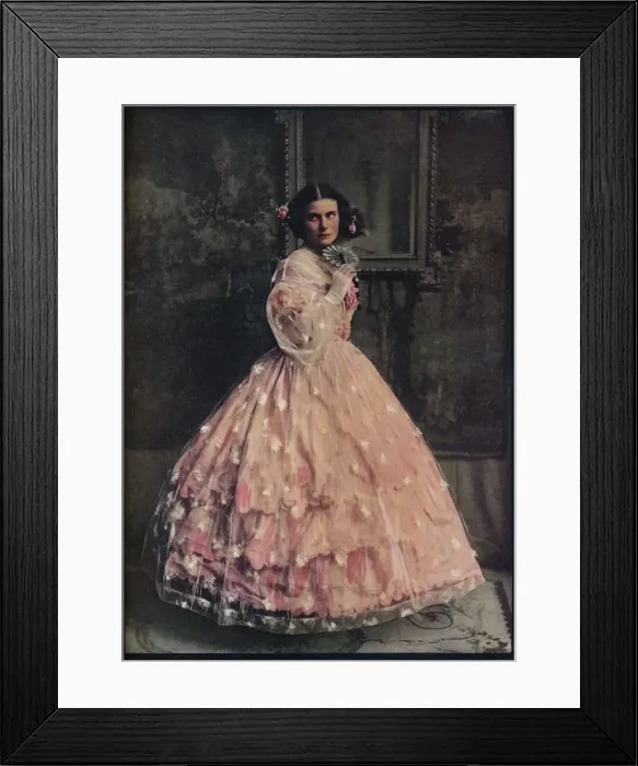 Framed Print : A three-flounced ball-dress of pink silk, with overdress of white flowered gauze, 1850-60, c1913 Framed Print : A three-flounced ball-dress of pink silk, with overdress of white flowered gauze, 1850-60, c1913