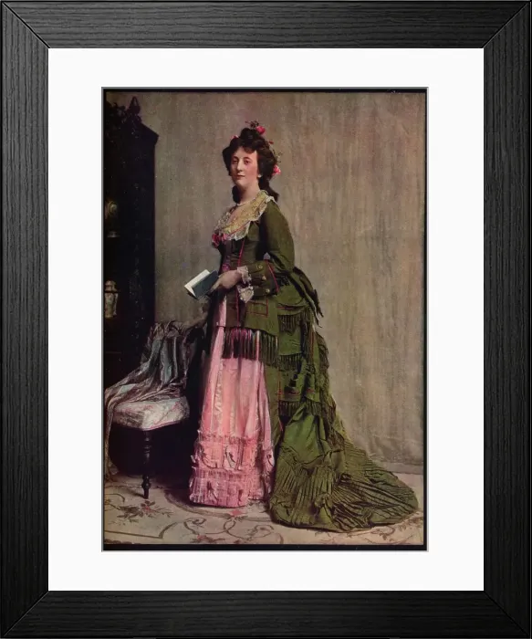 Framed Print : An afternoon dress of green and pink silk. Very typical of the modes between 1868 and 1878, c1913 Framed Print : An afternoon dress of green and pink silk. Very typical of the modes between 1868 and 1878, c1913