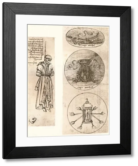Framed Print : Drawings of Bernardo di Bandino Baroncelli hanged, and emblems, c1472-c1519 (1883). Artist: Leonardo da Vinci Framed Print : Drawings of Bernardo di Bandino Baroncelli hanged, and emblems, c1472-c1519 (1883). Artist: Leonardo da Vinci