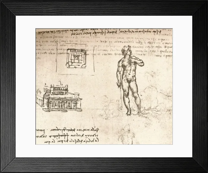 Framed Print : Drawing of plans for a castle, and of a nude figure, washed with Indian ink, c1472-c1519 (1883). Artist: Leonardo da Vinci Framed Print : Drawing of plans for a castle, and of a nude figure, washed with Indian ink, c1472-c1519 (1883). Artist: Leonardo da Vinci